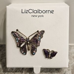 Liz Claiborne Purple Butterfly Brooches Enamel Pink Blue Rhinestones Set of 2